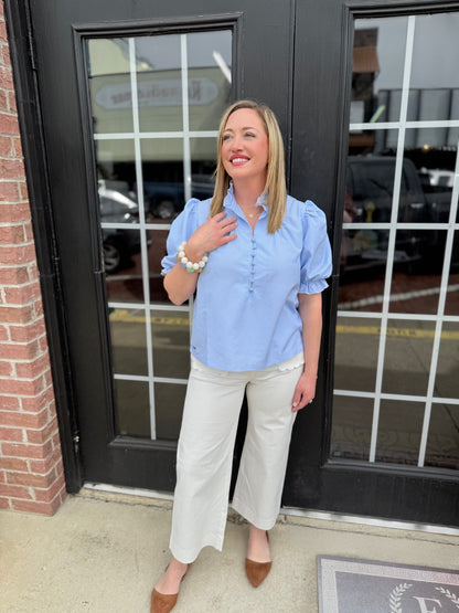 Seersucker Blue Striped Top with relaxed fit; available in sizes XS–XL.
