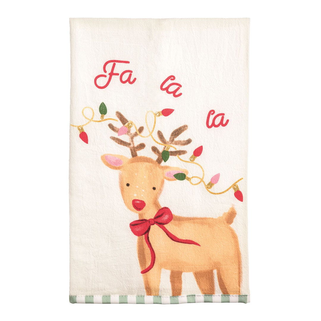 Christmas printed hand towel with a reindeer, red bow, string lights, and “Fa la la” text.