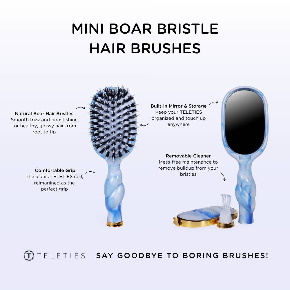 Blue Mini Boar Brush | Tide & True with natural bristles, comfortable grip, built-in mirror storage, and removable cleaner. Available in mini size. Text: “Say goodbye to boring brushes!” with TELETIES logo.