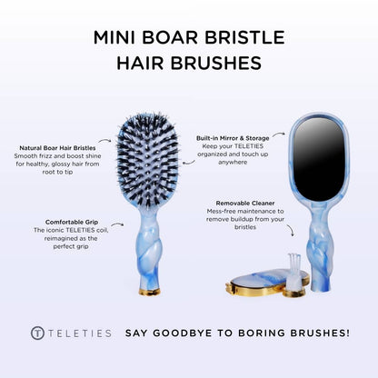 Blue Mini Boar Brush | Tide & True with natural bristles, comfortable grip, built-in mirror storage, and removable cleaner. Available in mini size. Text: “Say goodbye to boring brushes!” with TELETIES logo.