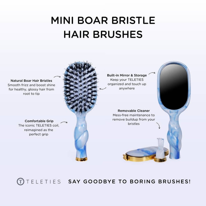 Blue Mini Boar Brush | Tide &amp; True with natural bristles, comfortable grip, built-in mirror storage, and removable cleaner. Available in mini size. Text: “Say goodbye to boring brushes!” with TELETIES logo.