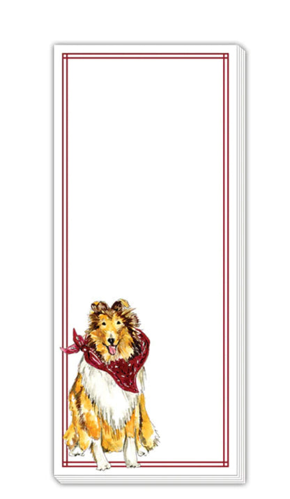 Skinny Notepads with red double border and collie illustration. Available sizes: 3.5"x8.5".