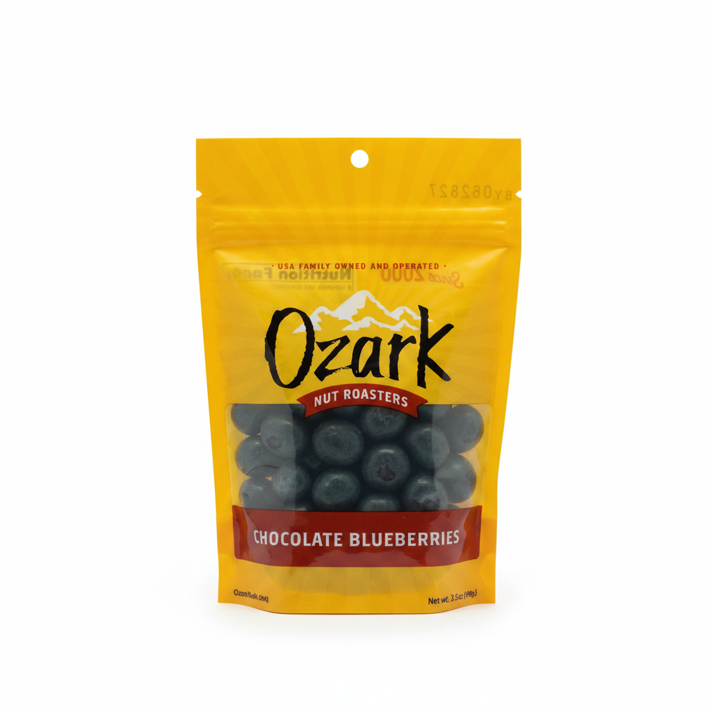 Yellow resealable pouch labeled "Chocolate Blueberries" with a clear window showing chocolate-covered blueberries made from dried blueberries; certified kosher. Sizes available: [insert sizes if known].