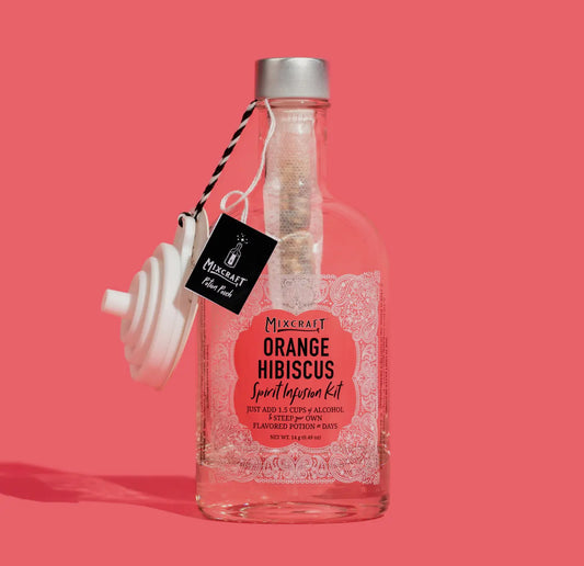 Glass bottle labeled "Spirit InFusion Kit" with black tag and white funnel. All-natural infusion kit. Sizes: 375ml, 750ml.
