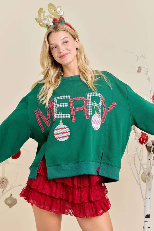 Merry With Ornament Patchwork Oversized Long Sleeve Top in hunter green. Available in sizes S-XL.