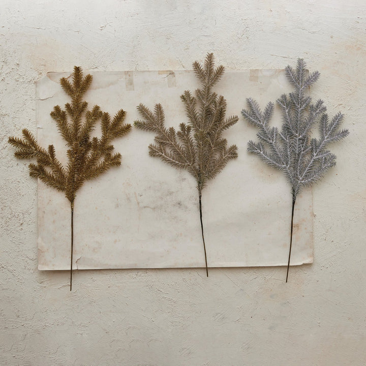 Three Faux Pine Stems with champagne finish glitter in gold, bronze, and silver.