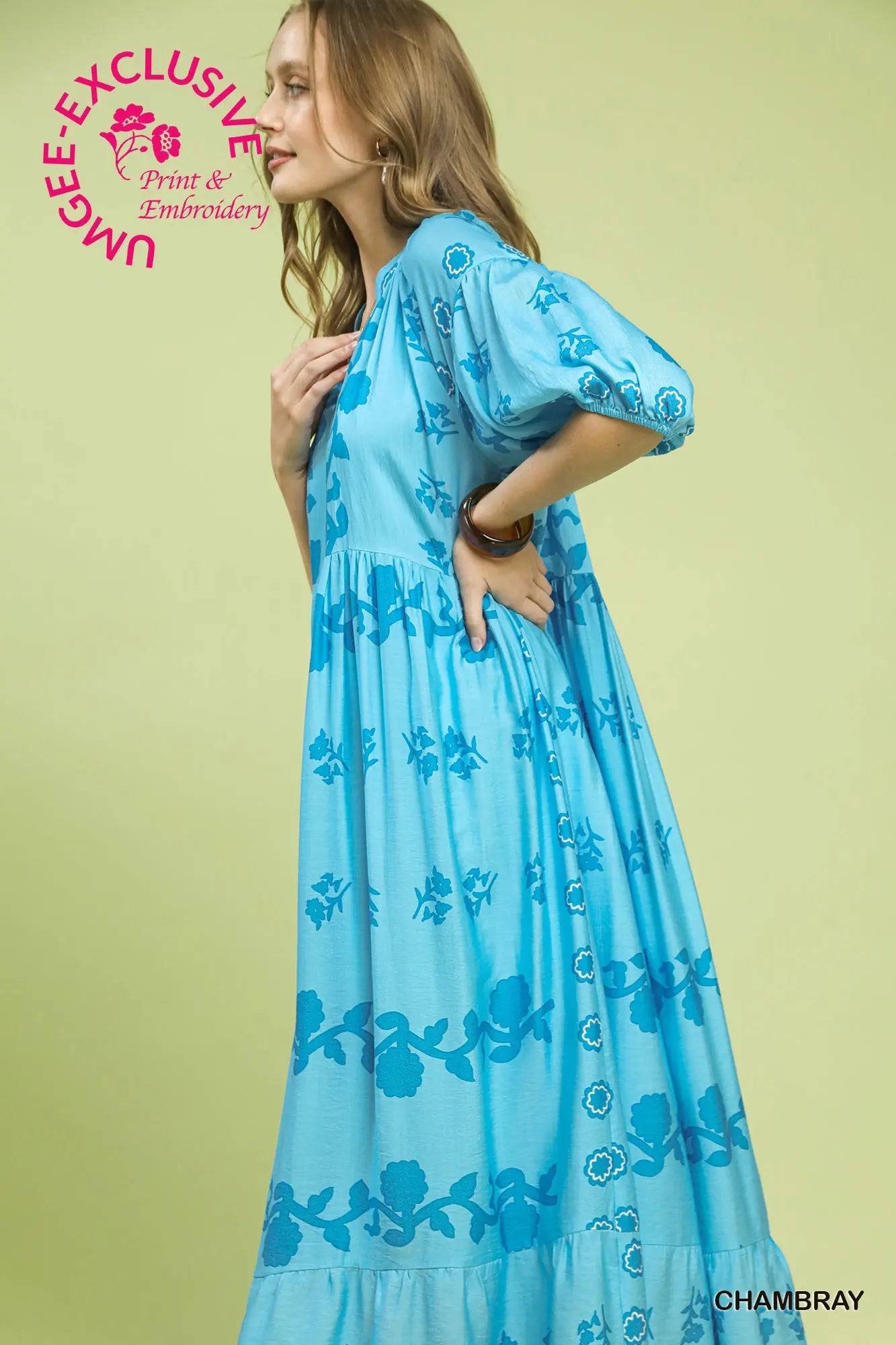 Chambray Vine Stippling Print Maxi Dress with delicate floral embroidery and subtle vine stippling print. Sizes available: XS-XL. Includes text: "JUNGLEE EXCLUSIVE Print & Embroidery" and "CHAMBRAY.