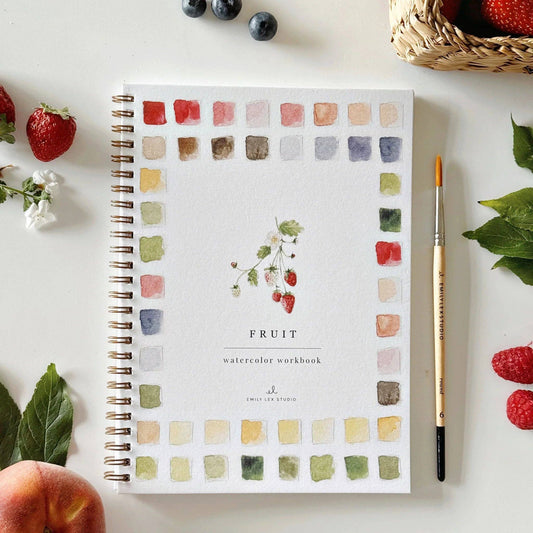 Spiral-bound Fruit Watercolor Workbook with fruit cover, color swatches, step-by-step guides. Available in standard size.