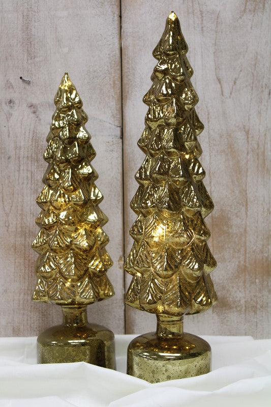 Two gold glass tree spinning LED music decorations in two sizes.