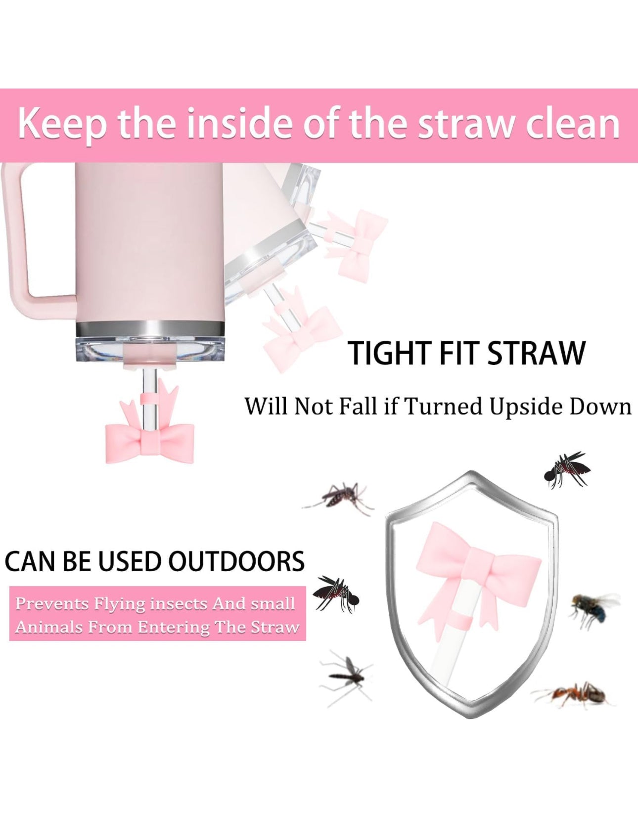 Large Bow Straw Covers in pink silicone, bow-shaped, fit tightly on straws; available in large size.