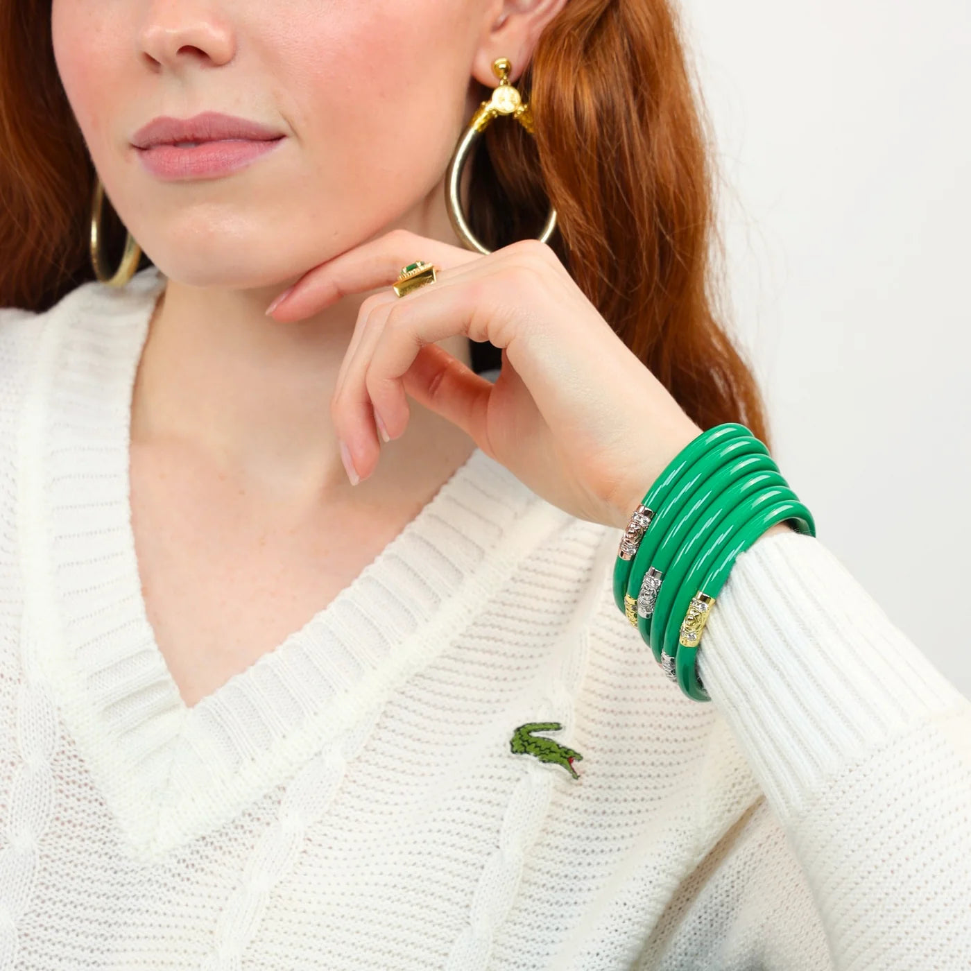 Kelly Three Kings All Weather Bangles by BuDhaGirl shown in emerald green with gold accents, available in small, medium, and large sizes.