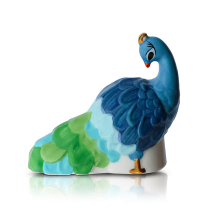 Nora Fleming Minis ceramic peacock figurine with blue, green, turquoise feathers, gold beak accents. Available in mini size.