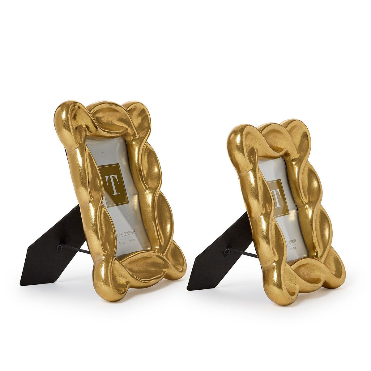 Two Infinity Gold Leaf Frames with thick sculpted edges, black stands, and a “T” card in each. Available sizes: 4x6 and 5x7 inches.