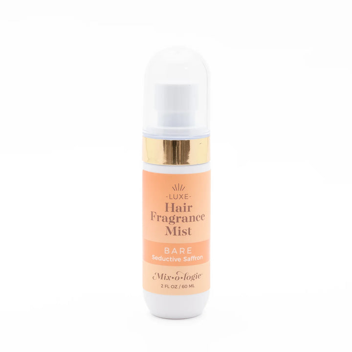 Mix O Logie Hair Fragrance Mist, 2 fl oz (60 ml), alcohol-free, peach-white label, gold accents, clear cap, Seductive Saffron.