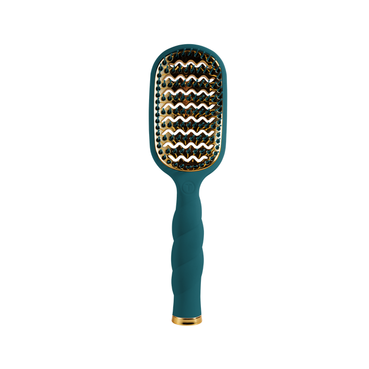 The Vented Hair Brush - Teal With It has anti-static bristles on a wavy gold pad and a textured teal handle for faster blowouts. Available in standard size.