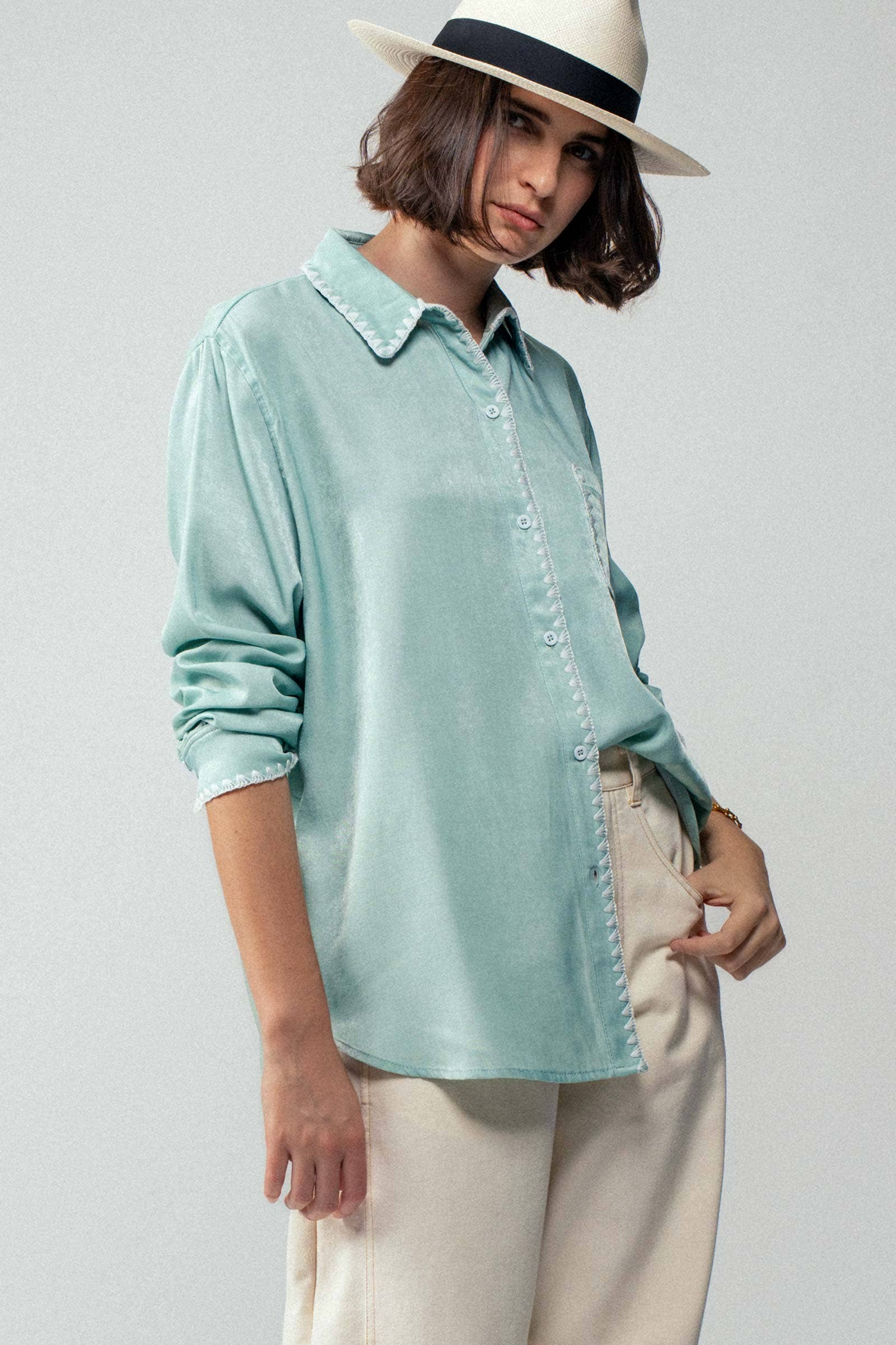 Sage Smooth Silk Long Sleeve Dress Shirt in light blue; sizes S-XXL.