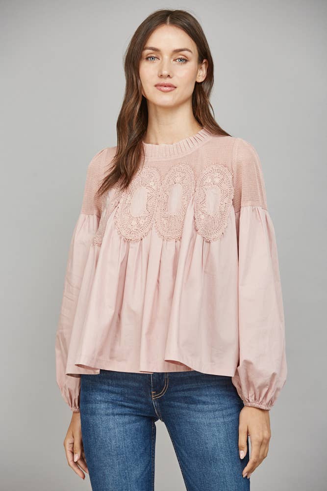 Lace Appliqué Detail Mixed Media Long Sleeve Blouse