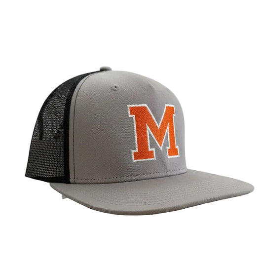 Gray Mineola "M" Hat with orange "M," black mesh sides/back, adjustable fit. Available sizes: S, M, L, XL.