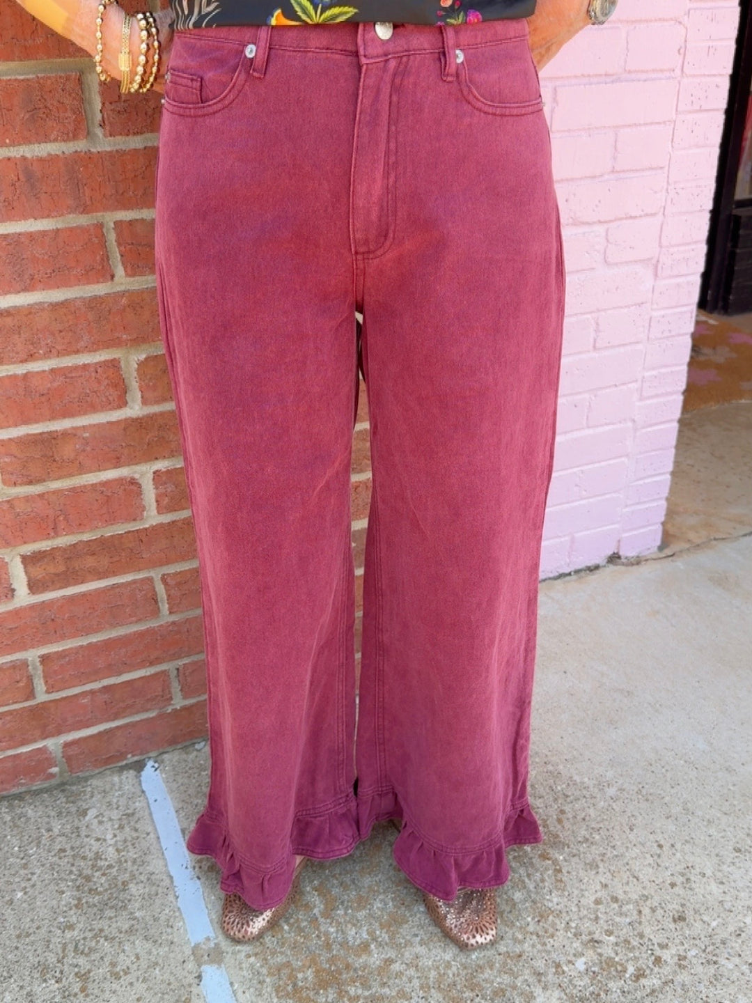 Mineral Washed Ruffle Hem Wide Leg Pants in bold magenta; available in sizes S-XL.