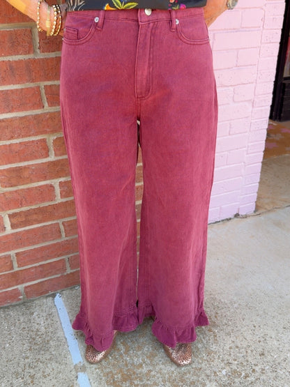 Mineral Washed Ruffle Hem Wide Leg Pants in bold magenta; available in sizes S-XL.