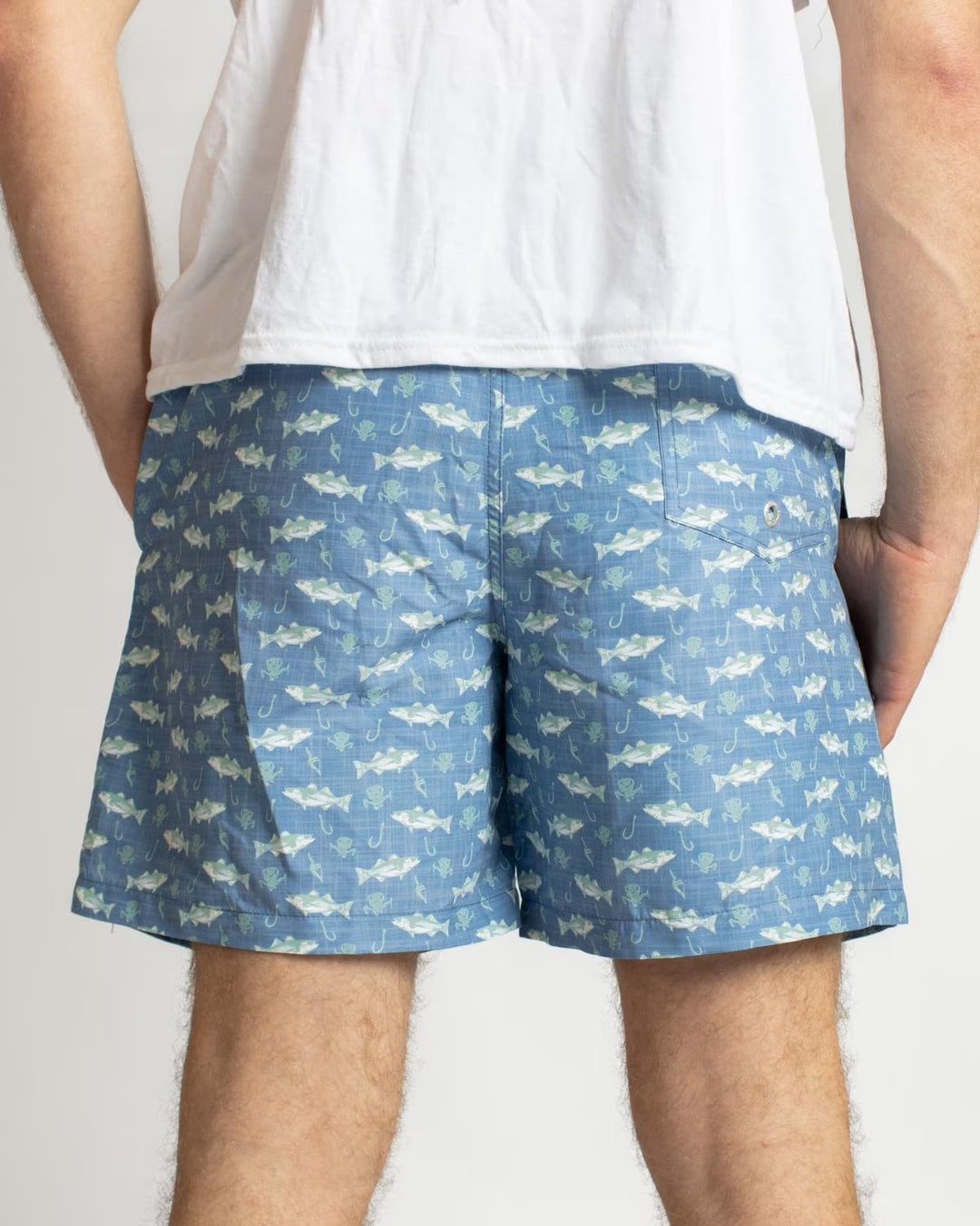 Men’s Angler Swim Trunks in white, available in sizes S-XXL.
