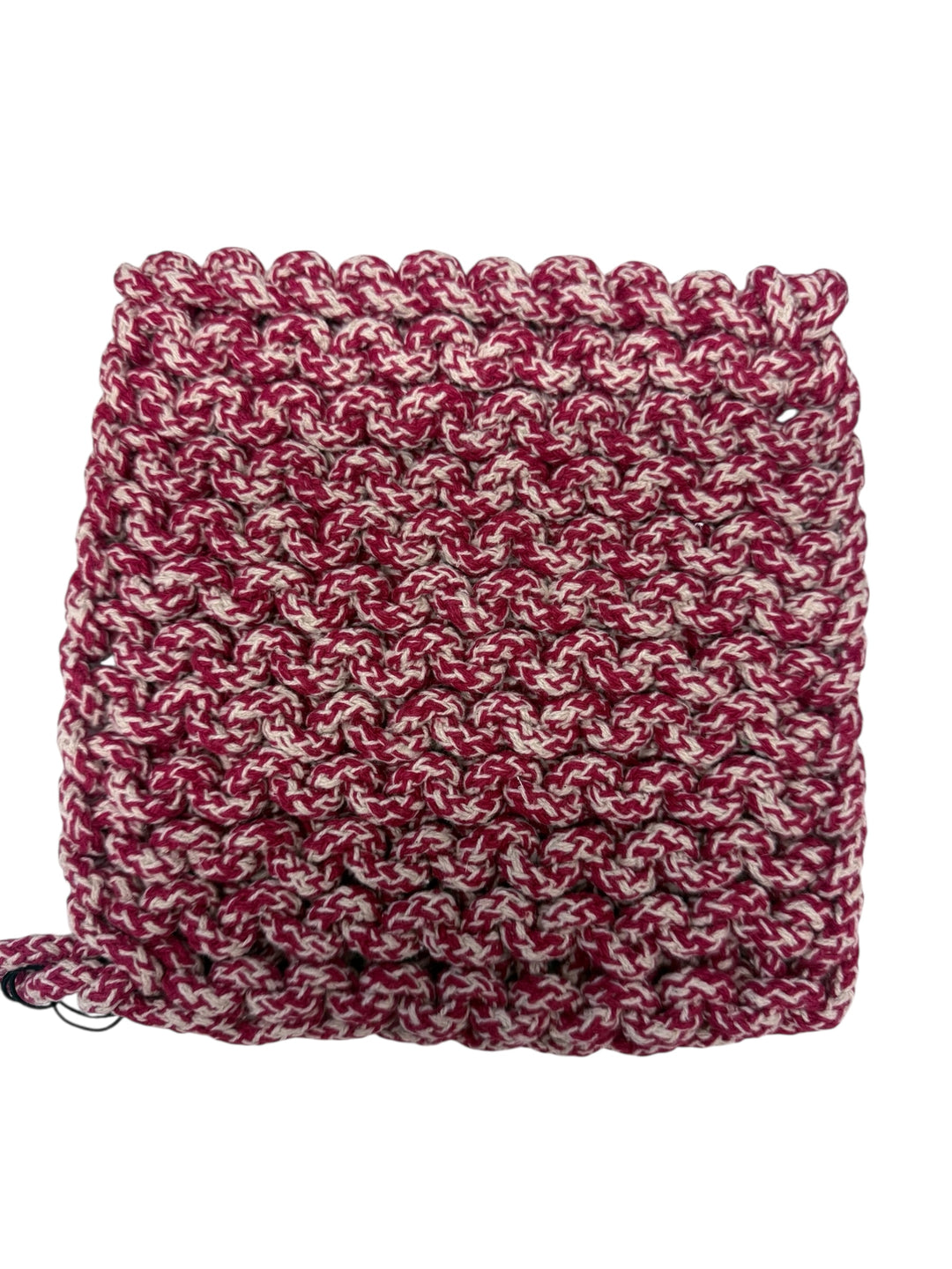 Melange Cotton Crocheted Pot Holder, maroon and white, textured pattern, scalloped edge, 3 styles, hand-woven.