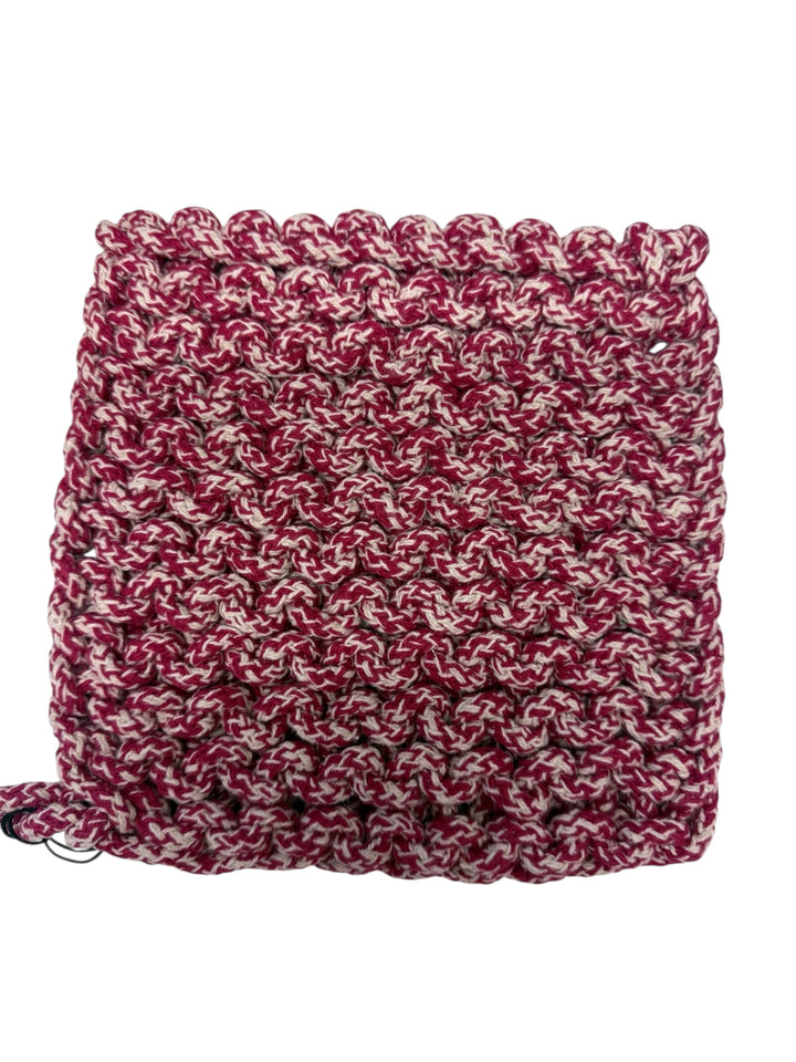 Melange Cotton Crocheted Pot Holder, maroon and white, textured pattern, scalloped edge, 3 styles, hand-woven.