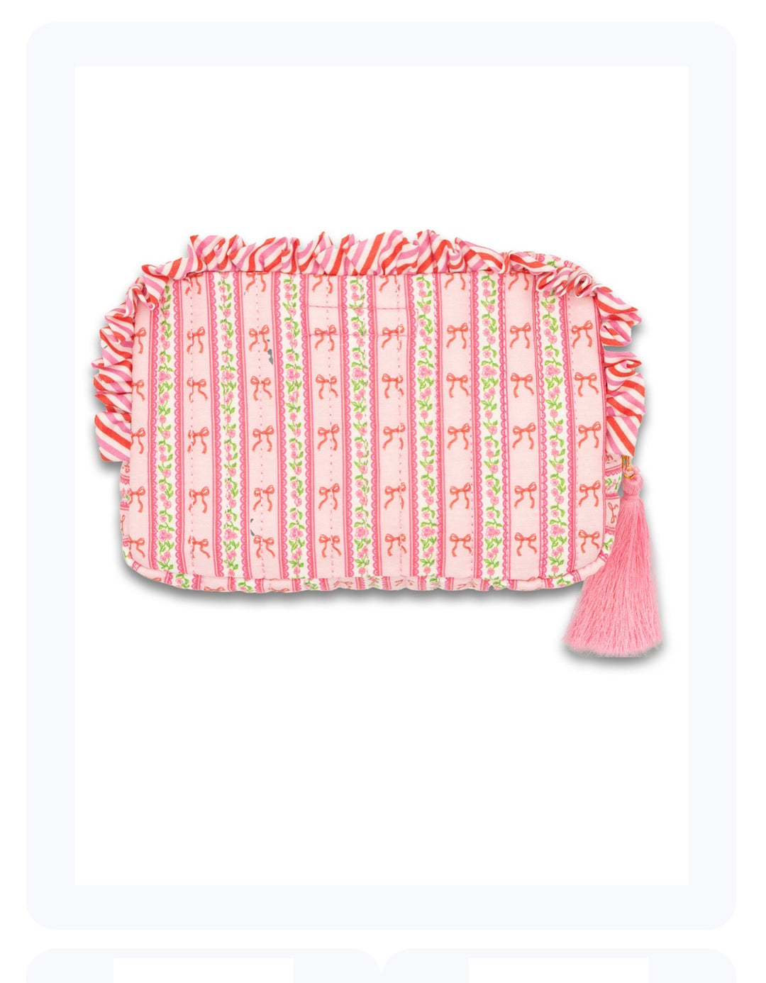 Quilted Cosmo Bag by Simply Southern: pink rectangular pouch with ruffles, stripes, bow, green accents, pink tassel. Sizes: S/M/L.
