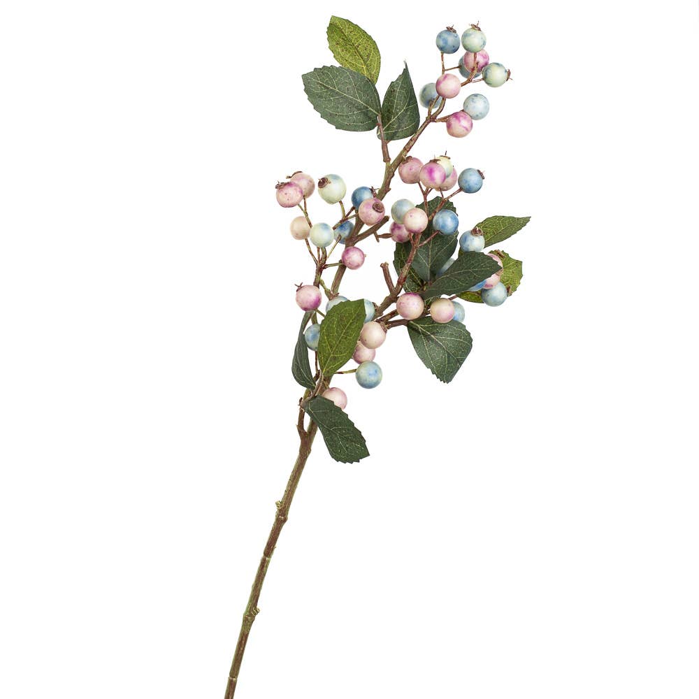 19″ Artificial Spring Mix Plump Pastel Berries Stem with green leaves and clusters of small, round pastel pink, blue, and ivory berries. Available in 19″ size.