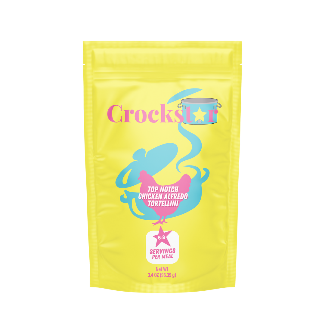 Bright yellow Crockstar "Top Notch Chicken Alfredo Tortellini" pouch, 3.4 oz (96.39 g), serves 6-8 per meal.