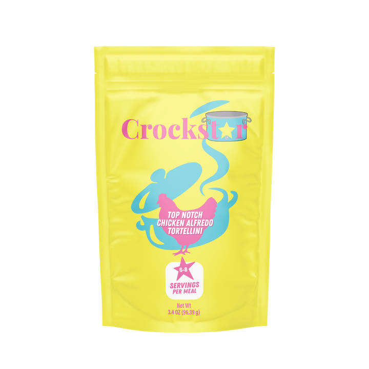 Bright yellow Crockstar "Top Notch Chicken Alfredo Tortellini" pouch, 3.4 oz (96.39 g), serves 6-8 per meal.