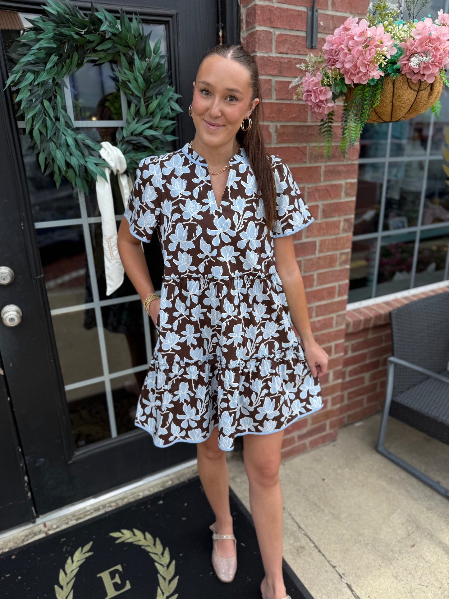 Ivy Growing Grace Blue Mini Dress with blue floral pattern, light blue trim, and relaxed fit. Available in sizes XS-XL.