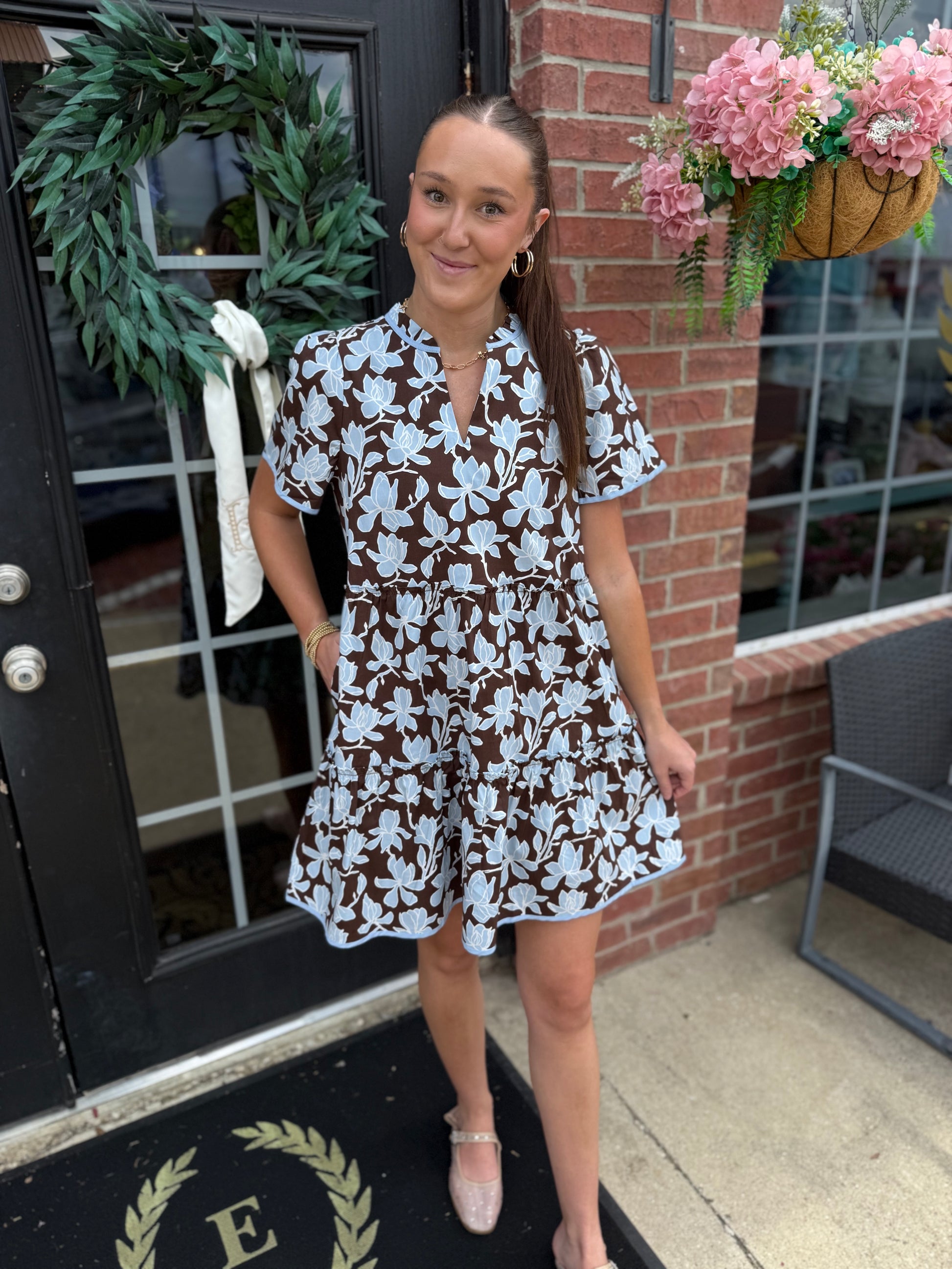 Ivy Growing Grace Blue Mini Dress with blue floral pattern, light blue trim, and relaxed fit. Available in sizes XS-XL.