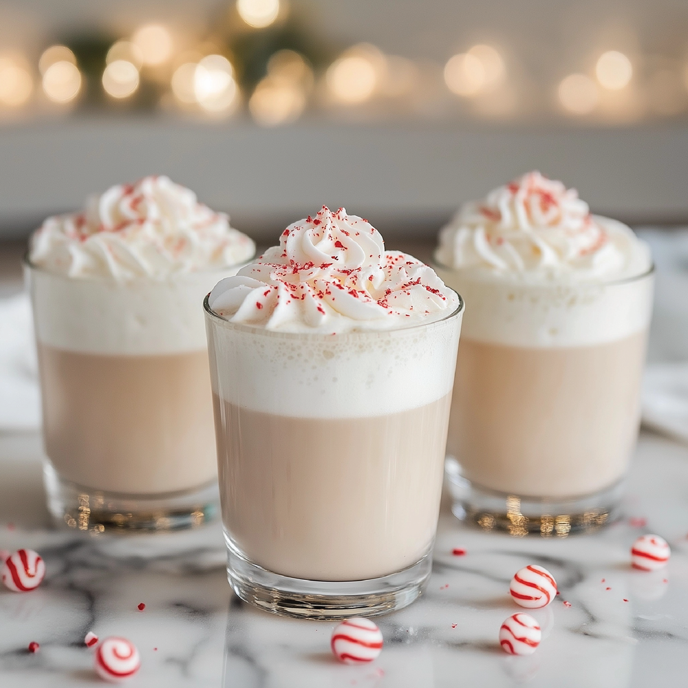 Three glass mugs of coffee topped with whipped cream and red sprinkles.