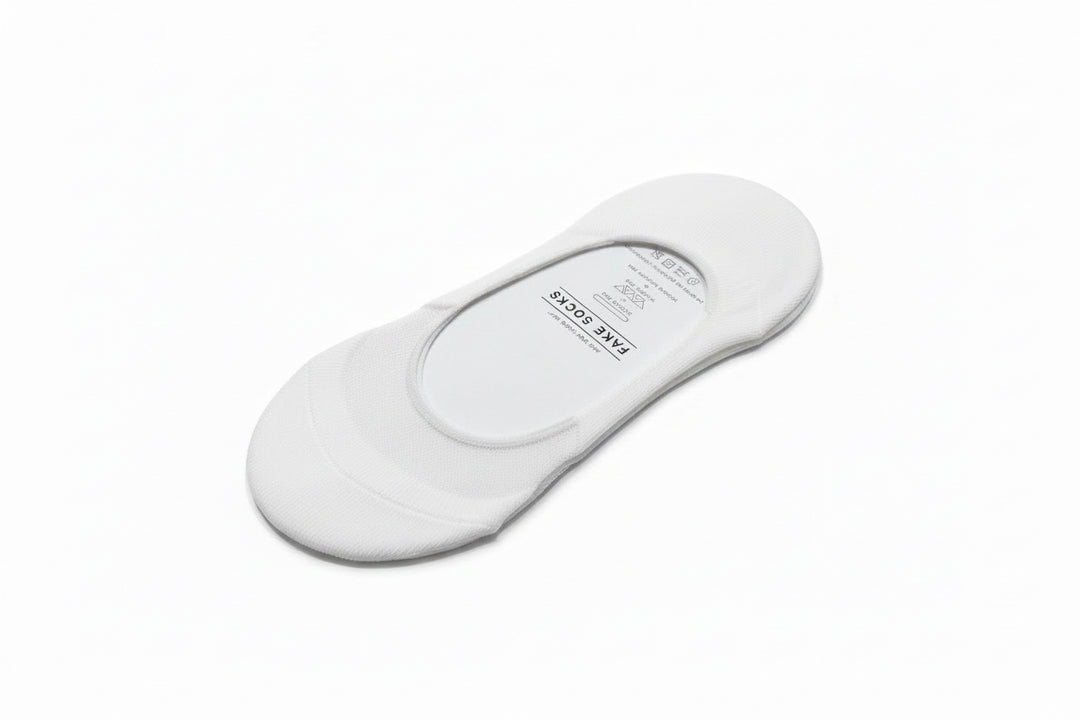 White low-cut Fake Sock with breathable mesh, double silicone pad, and inside sole label. Available in sizes S, M, L.