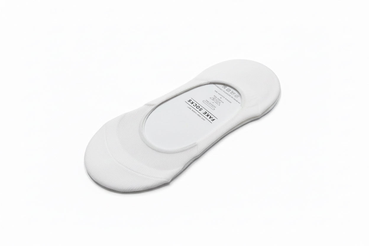 White low-cut Fake Sock with breathable mesh, double silicone pad, and inside sole label. Available in sizes S, M, L.