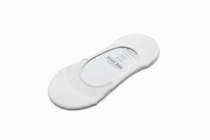 White low-cut Fake Sock with breathable mesh, double silicone pad, and inside sole label. Available in sizes S, M, L.