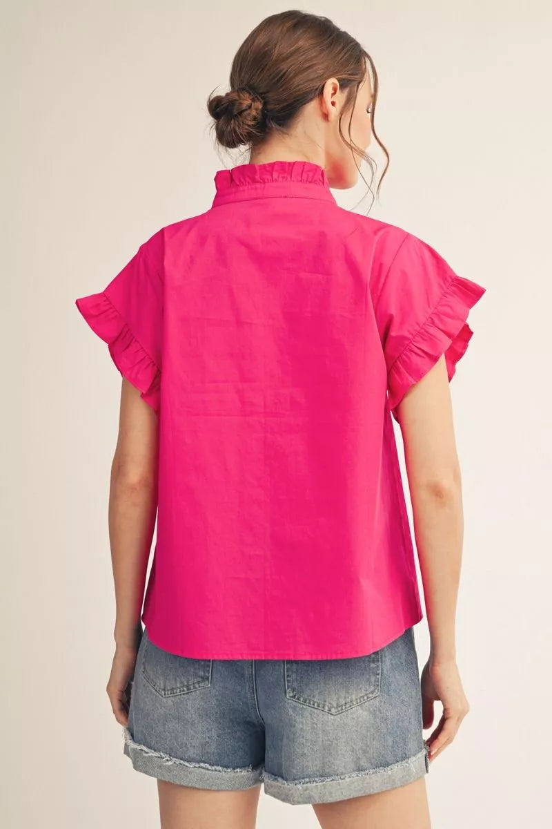 Fuchsia Drop Shoulder Button-Up Top