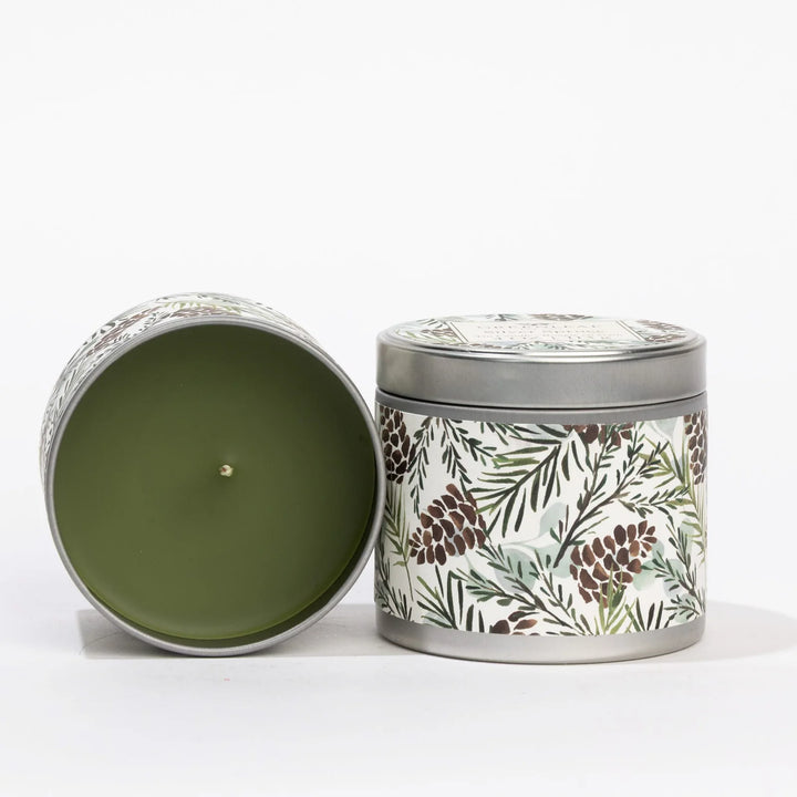 Silver Spruce 4oz candle in a patterned metal tin, shown closed and with olive-green wax.