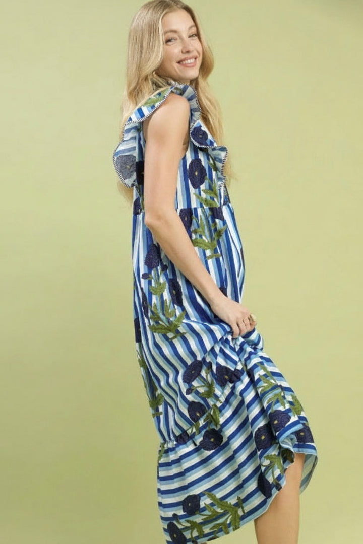 Blue Striped Floral Dress with flowing skirt. Available in sizes XS-XL.