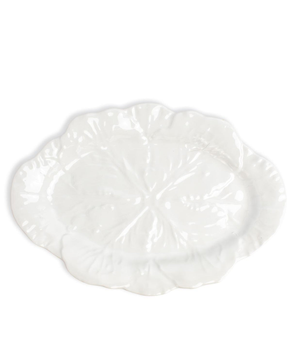 Glossy white melamine serving bowl, large leaf shape with scalloped edges and textured cabbage vein details. Sizes: small, large.