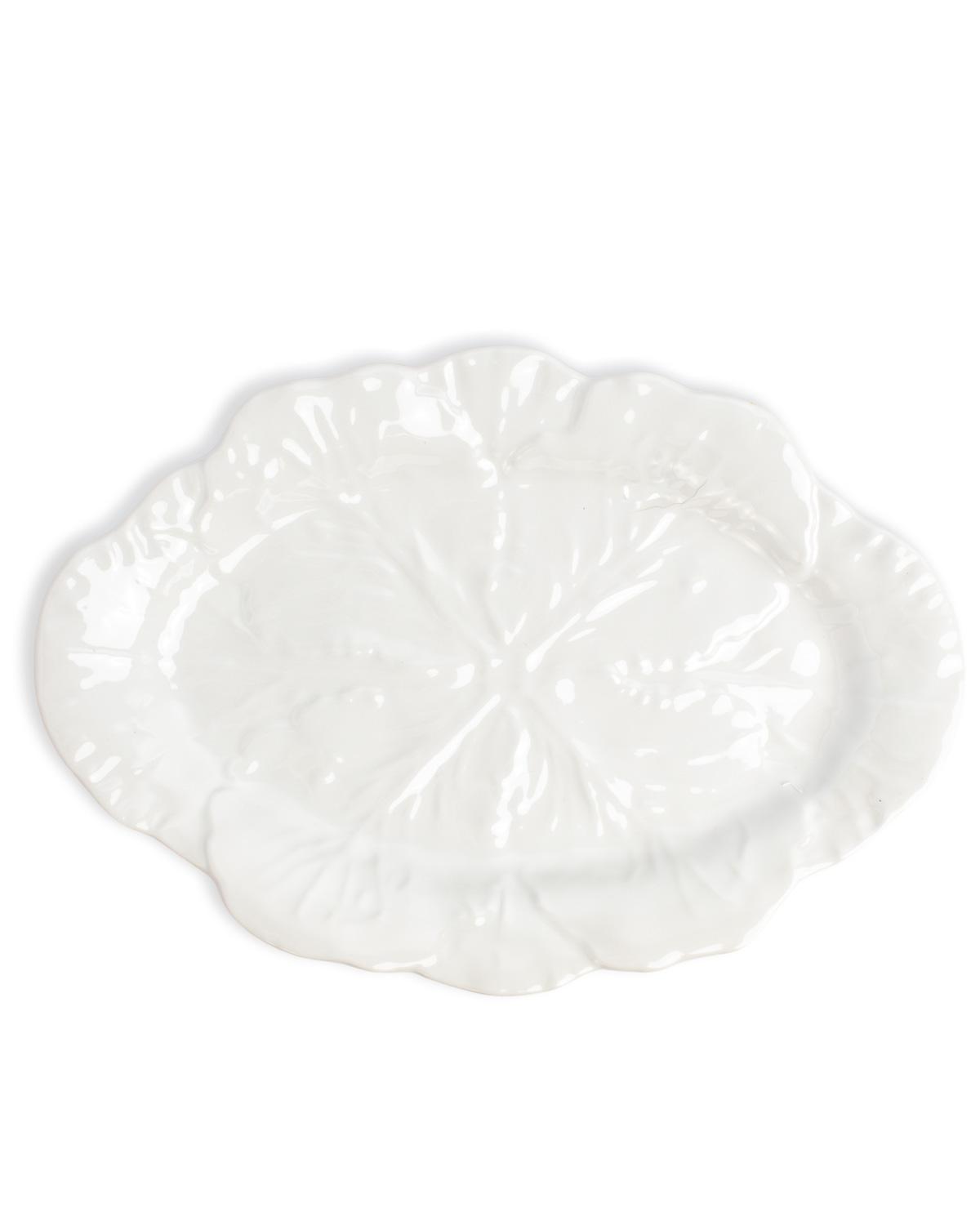 Glossy white melamine serving bowl, large leaf shape with scalloped edges and textured cabbage vein details. Sizes: small, large.