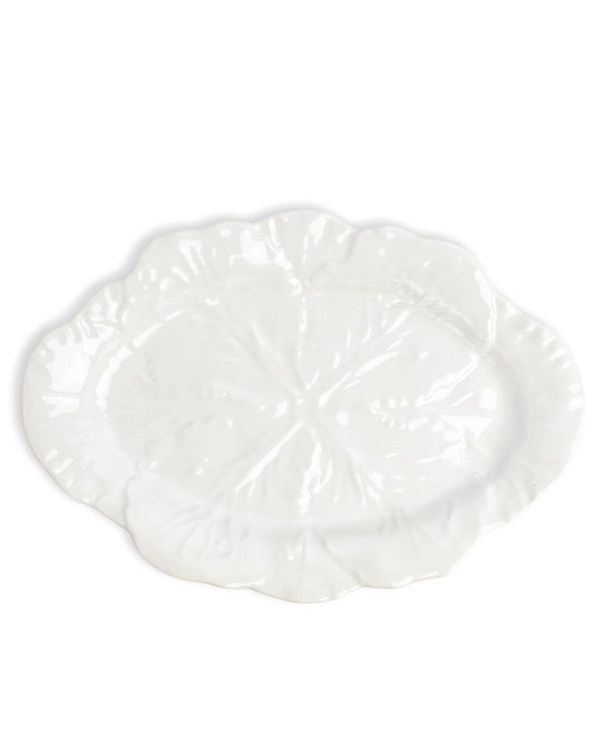 Glossy white melamine serving bowl, large leaf shape with scalloped edges and textured cabbage vein details. Sizes: small, large.