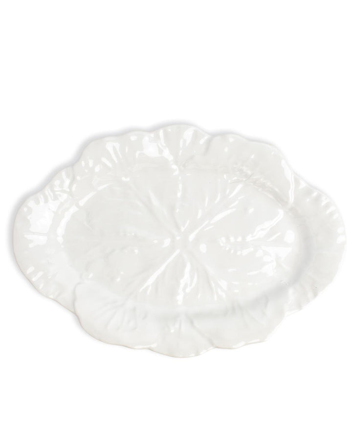 Glossy white melamine serving bowl, large leaf shape with scalloped edges and textured cabbage vein details. Sizes: small, large.