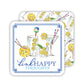 Square Coaster - Handpainted with whimsical illustrations of cocktails, lemon slices, and colorful stirrers. Overlay text: "Drink Happy Thoughts" in blue lettering. Sizes available: 4"x4".