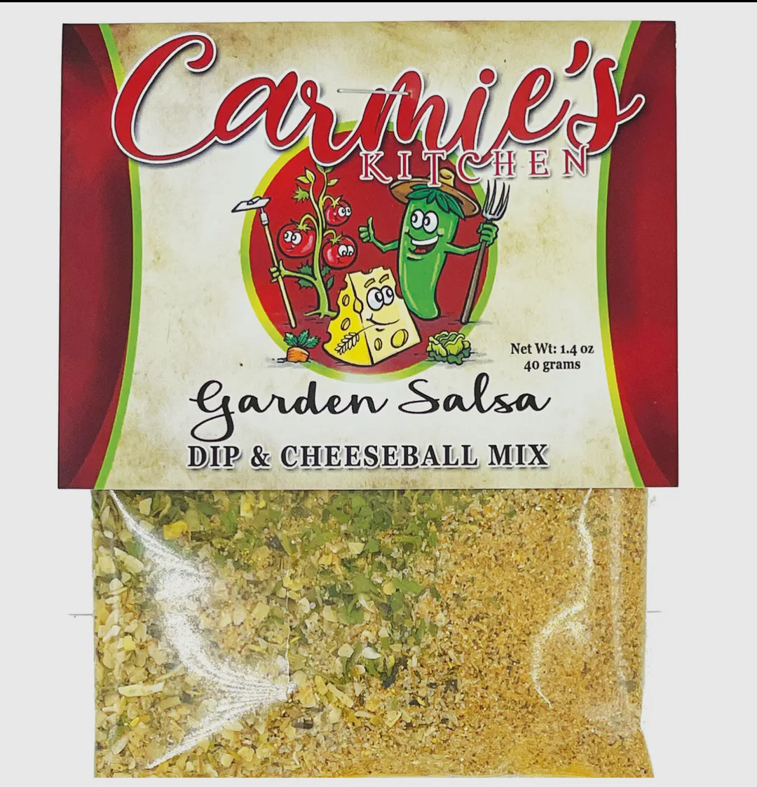 Garden Salsa Dip Mix packet with cartoon veggies, clear window, hints of chile and tomato. Sizes: 2oz, 6oz.