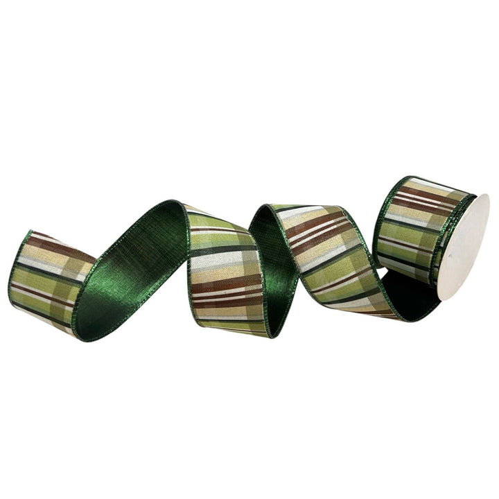 Green ribbon with green, brown, and white plaid and emerald edge/back, size 2.5″ x 10yd.
