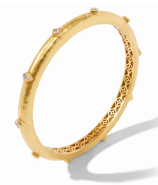 The Noel Stone Bangle - M: 24K gold hammered bracelet with square CZ stones, geometric cutout interior. Size: Medium.