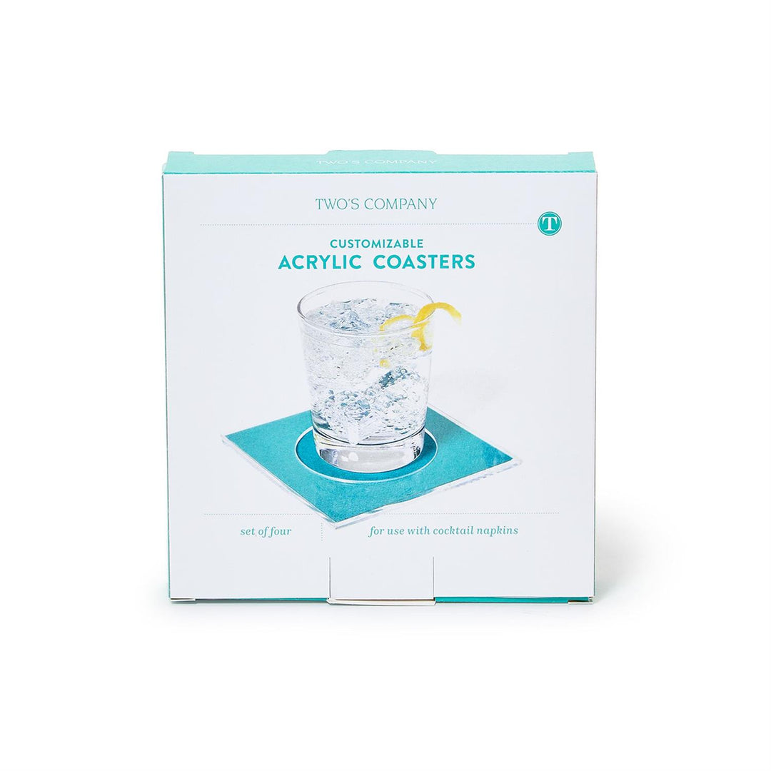 Packaging for a set of four customizable acrylic coasters.