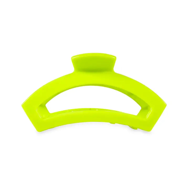 Bright green, geometric TELETIES Open Claw Hair Clip with flat top handle and wide open center; available in multiple sizes.